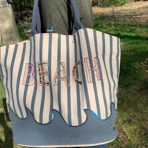 - “BEACH” EMBELLISHED STRIPED CANVAS TOTE - Picture 2 of 8